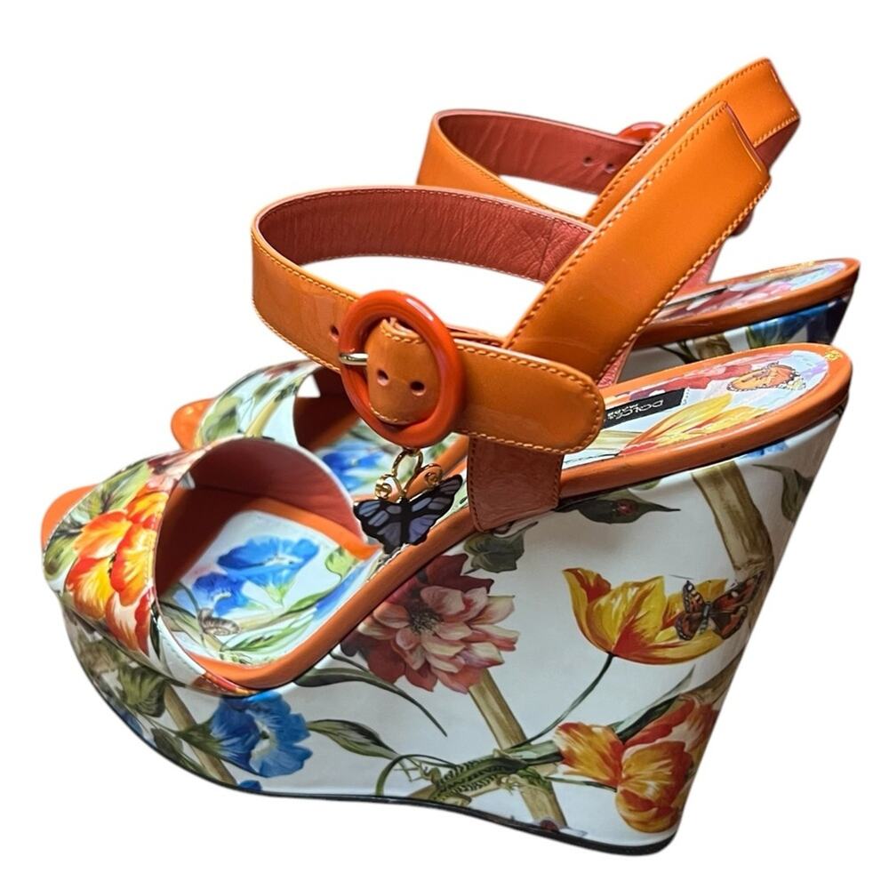 Dolce & Gabbana BIANCA Patent Leather Floral Butterfly Wedge Sandals EU 40 US 10 - Picture 7 of 13
